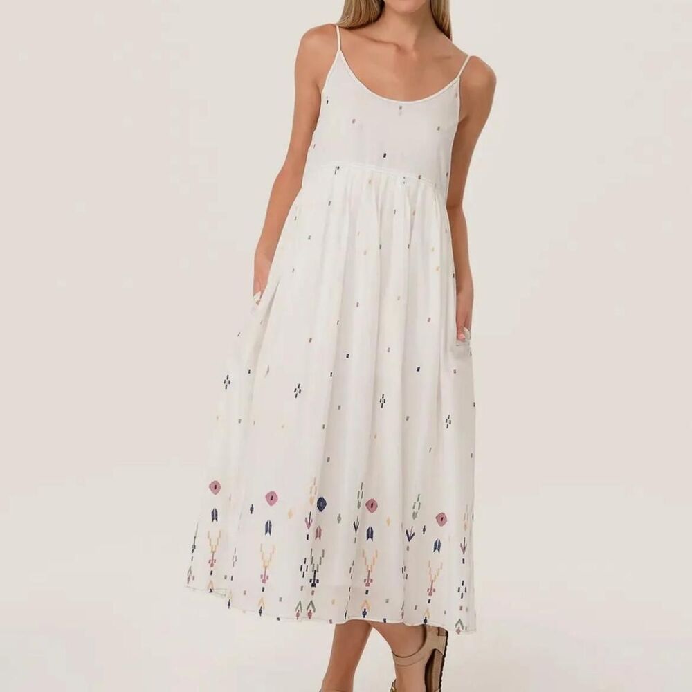 Lovestitch Paloma White Cotton Embroidered Midi Dress Size Medium